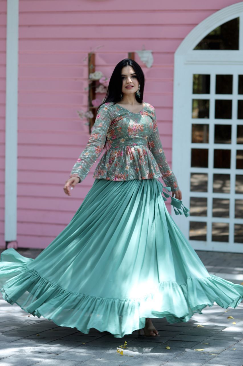 party wear dress for women lehenga Sage Green Faux Georgette Lehenga Sequins Zari Embroidered Bridal Party Outfit Indian Wedding Guest Dress Designer Lehenga Choli For Women
