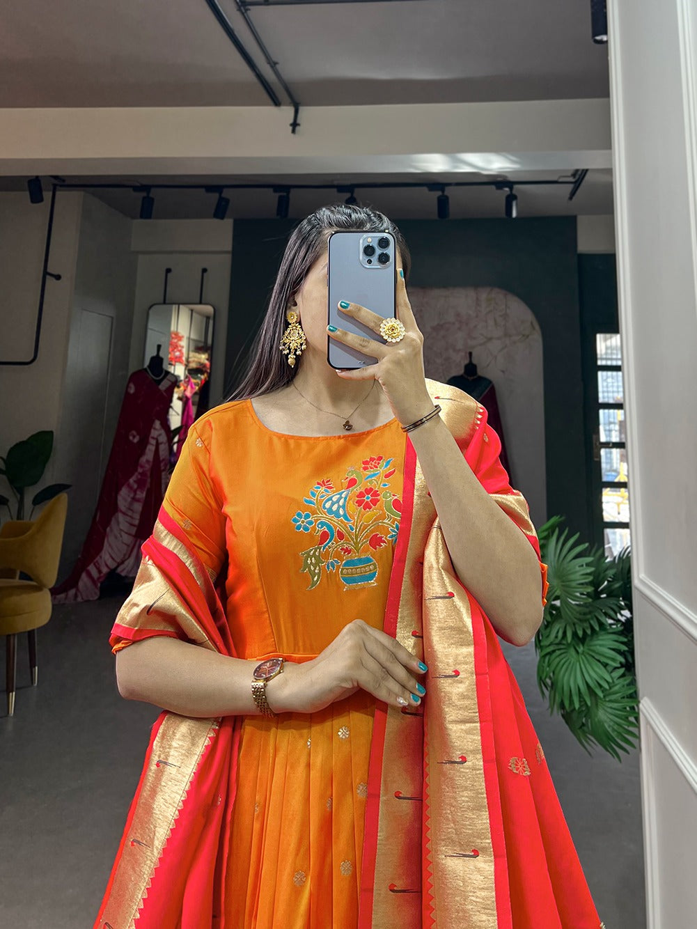 Orange color jacquard silk gown for wedding