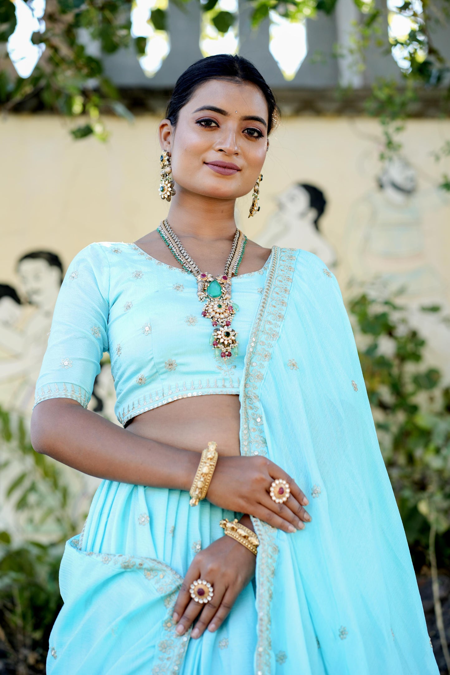 Sky color chinon lehenga choli with dupatta online shopping