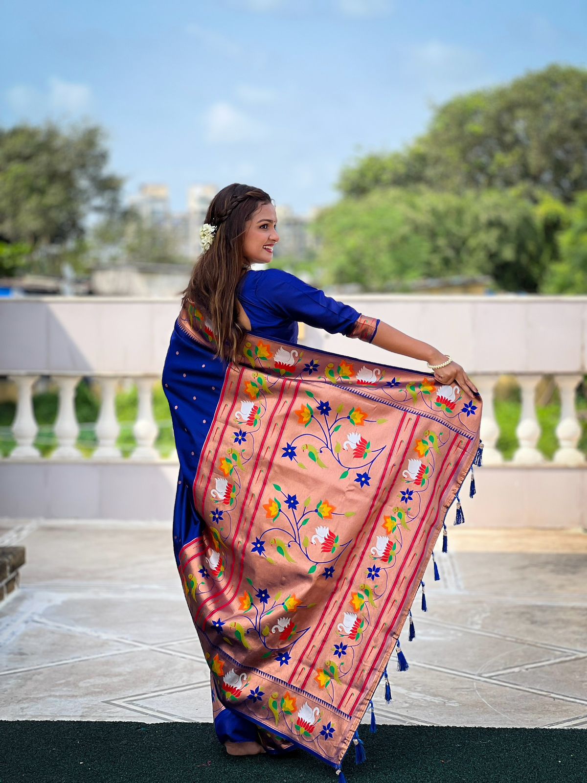 Blue color paithani silk saree with blouse images