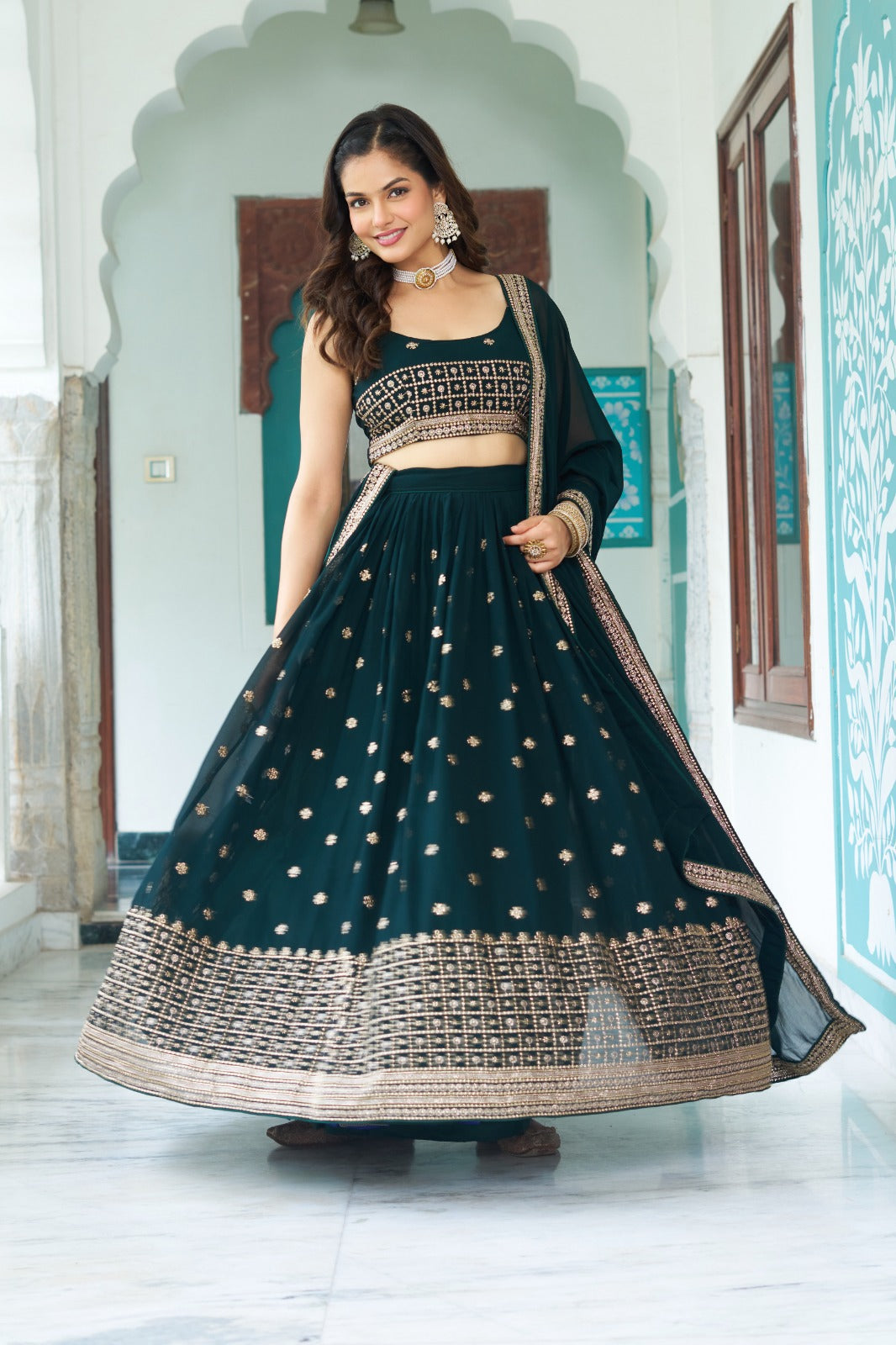 Green color georgette ghagra choli for festive