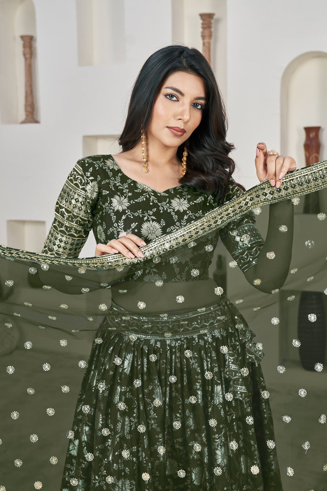 Mehendi color dola jacquard lehenga choli online shopping