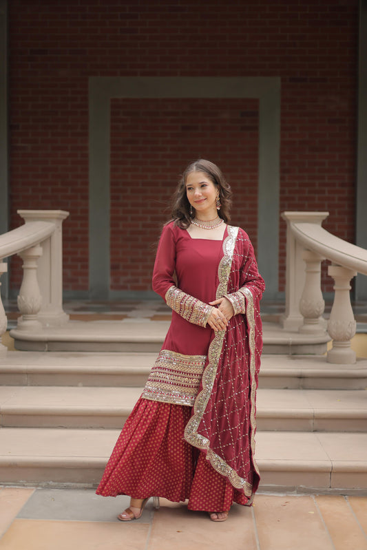 Maroon color georgette sharara suit for women with dupatta