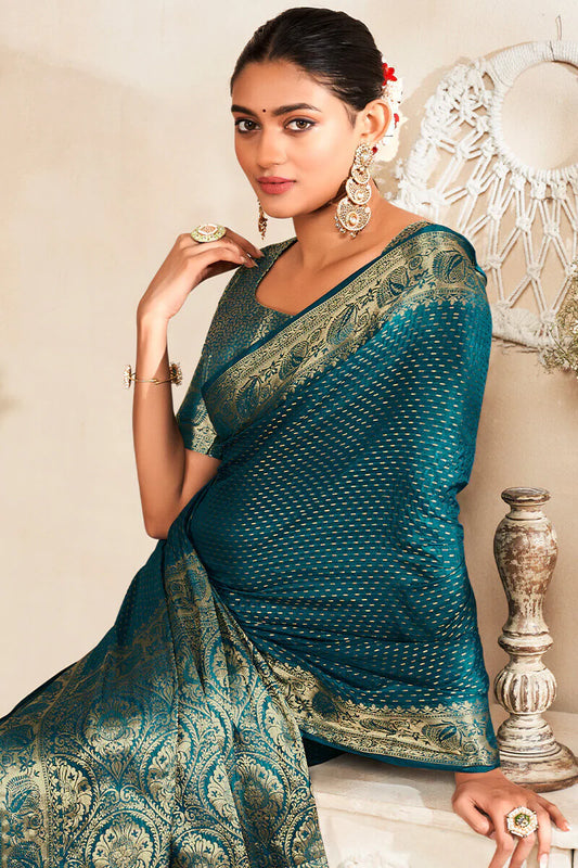 Rama color soft silk weaving saree with blouse