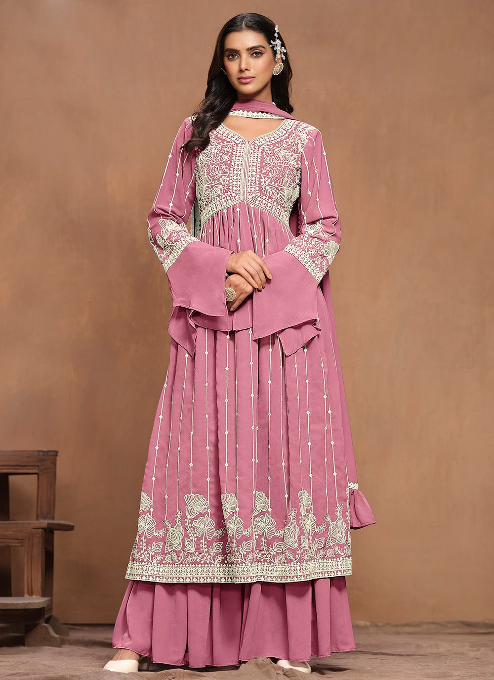 Women pink georgette sharara suit with dupatta