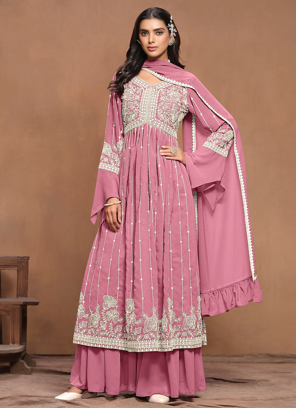 Pink georgette sharara suit with dupatta online