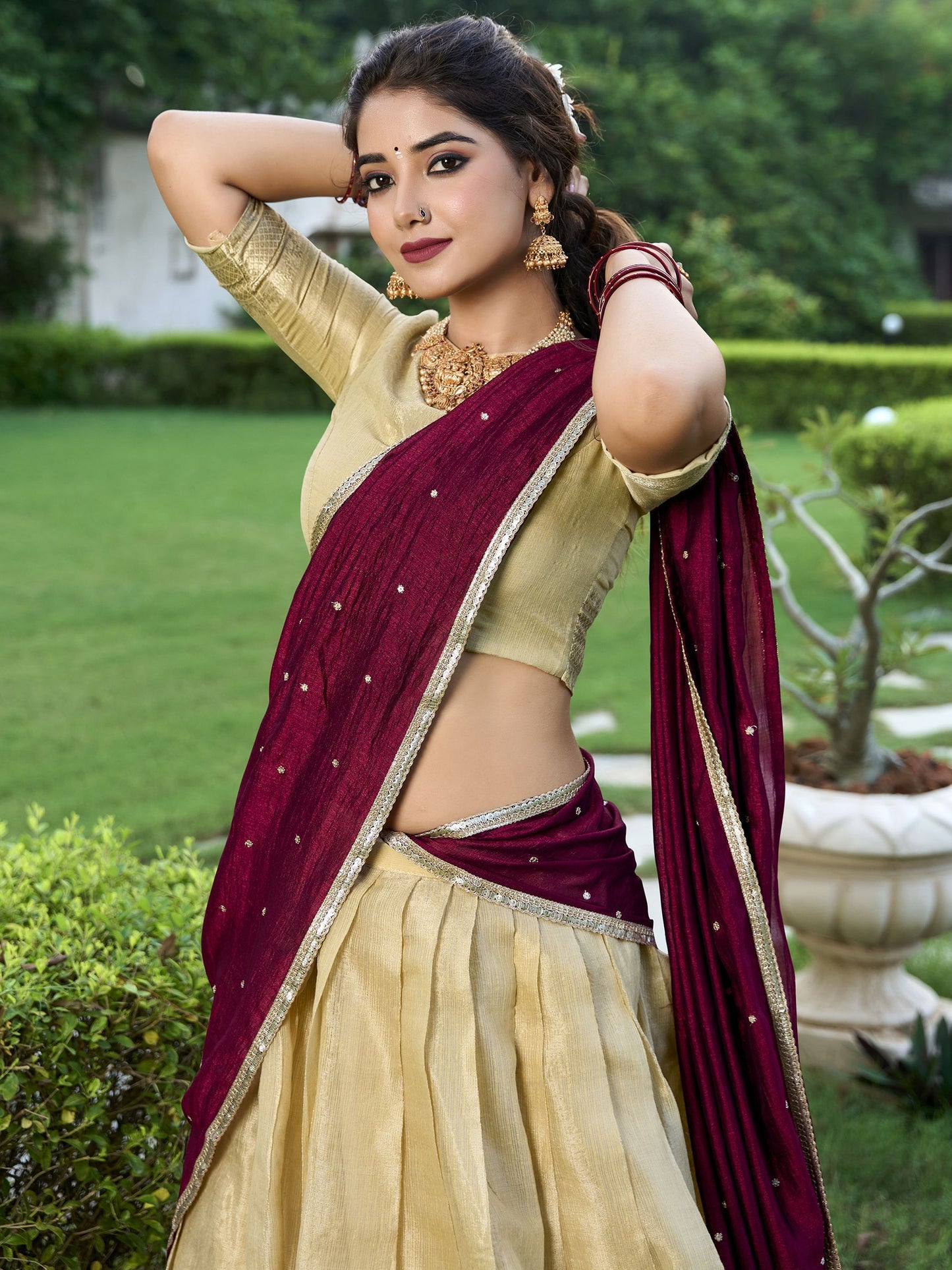 Beige kanchipuram lehenga choli for women online