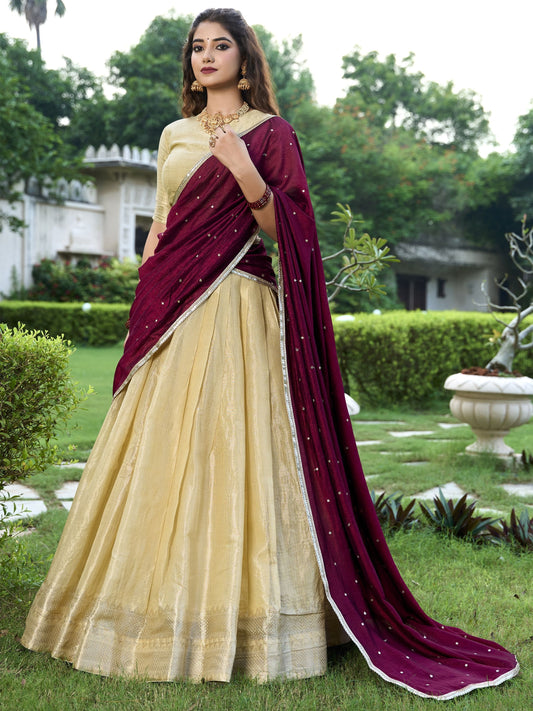 Beige kanchipuram lehenga choli for women