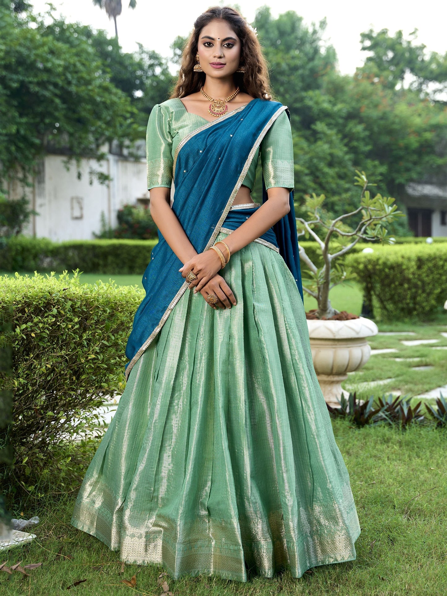 Pista kanchipuram lehenga choli for women with price
