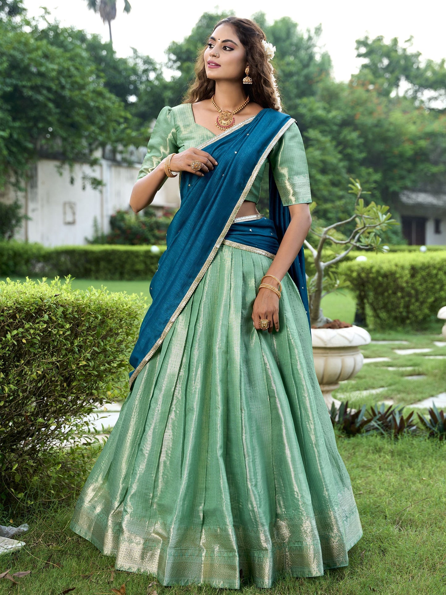 Pista kanchipuram lehenga choli for women online