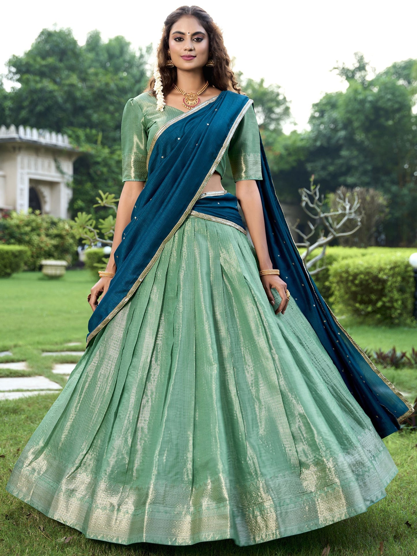 Pista kanchipuram lehenga choli for women price