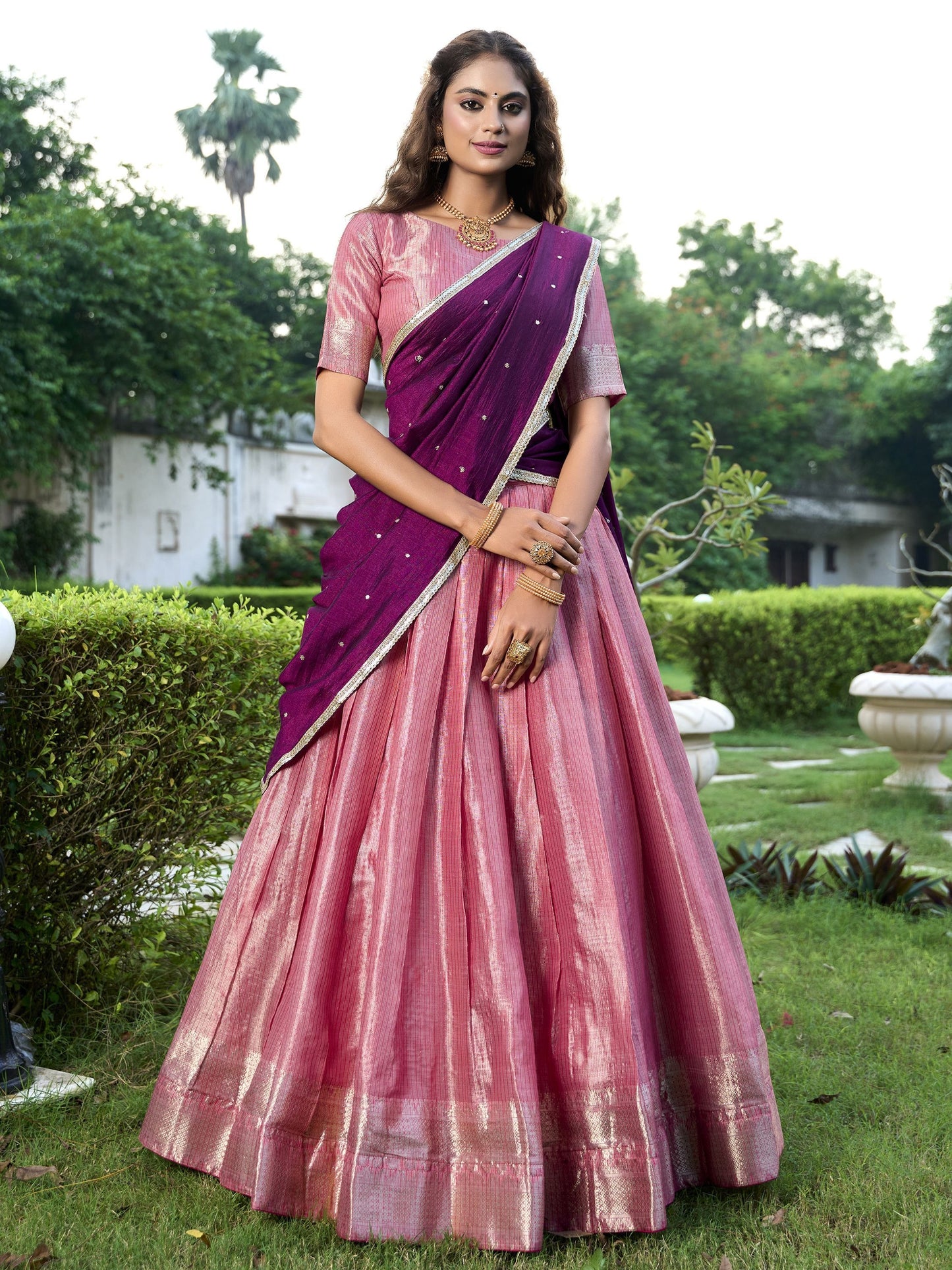 Peach kanchipuram lehenga choli for women with price