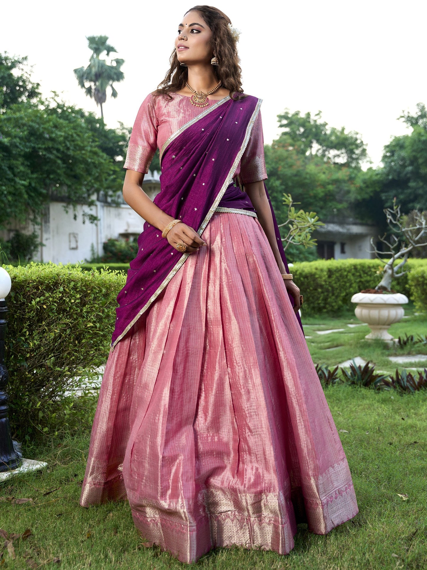 Peach kanchipuram lehenga choli for women online