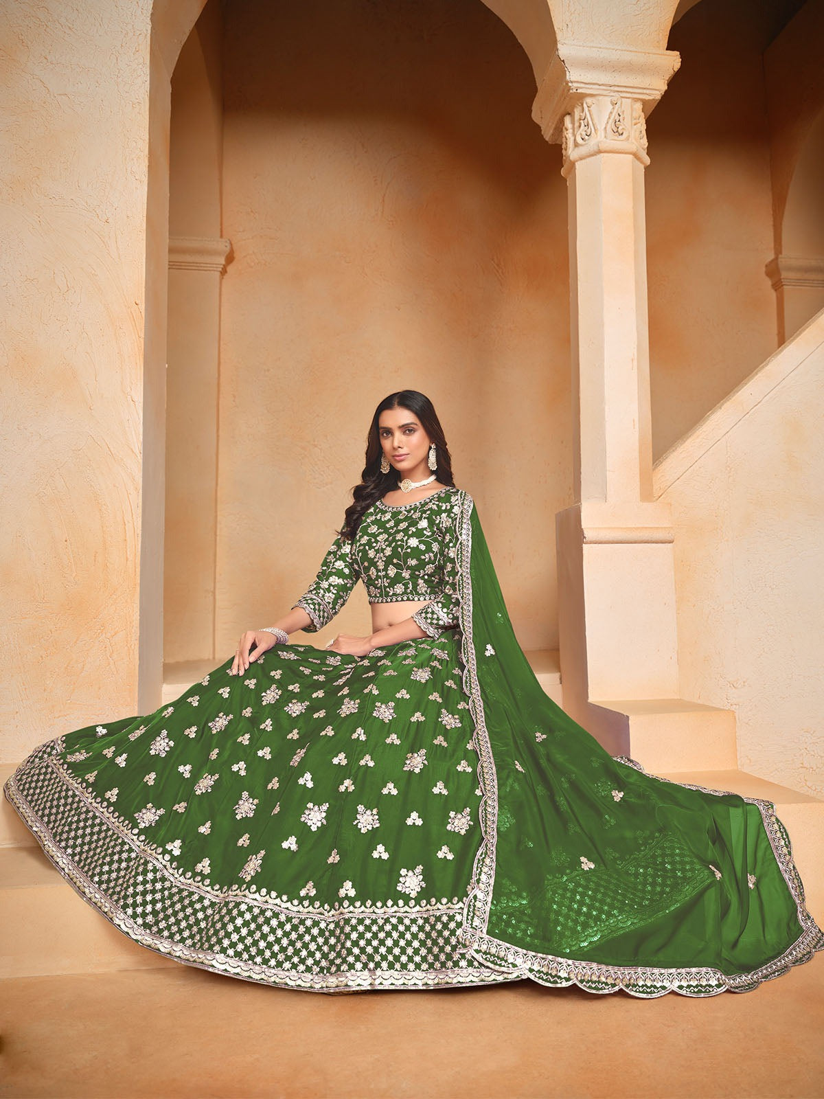 Mehendi color organza lehenga choli  online