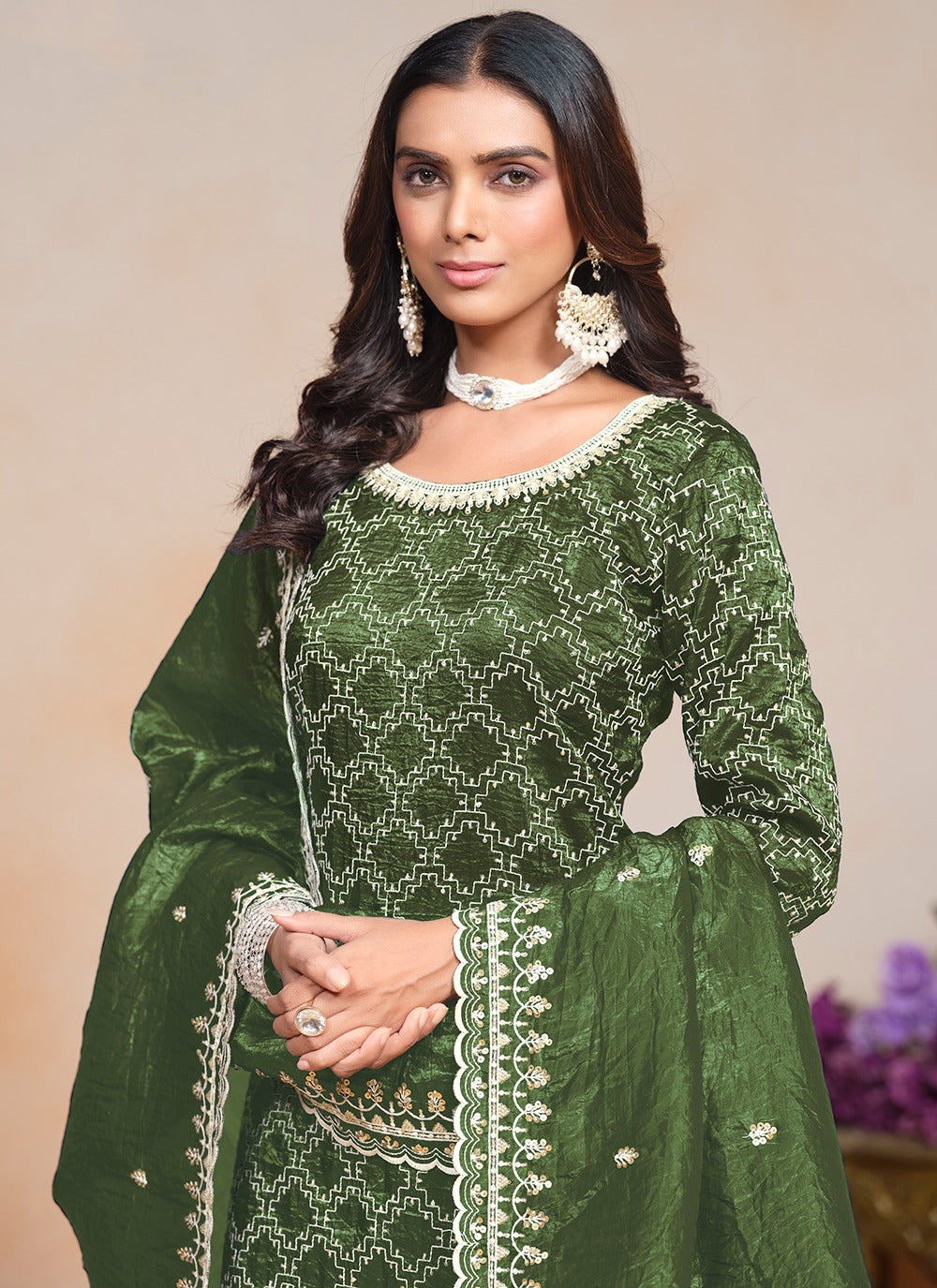 Mehendi color crush silk sharara suit for women online