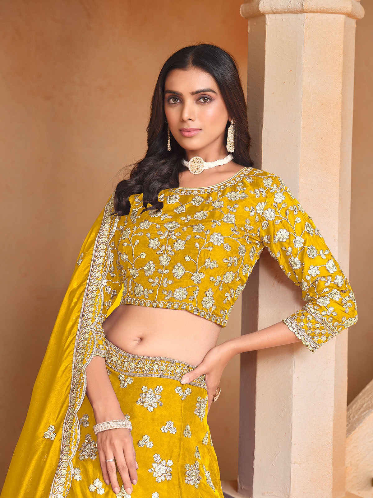 Organza mustard color lehenga choli online
