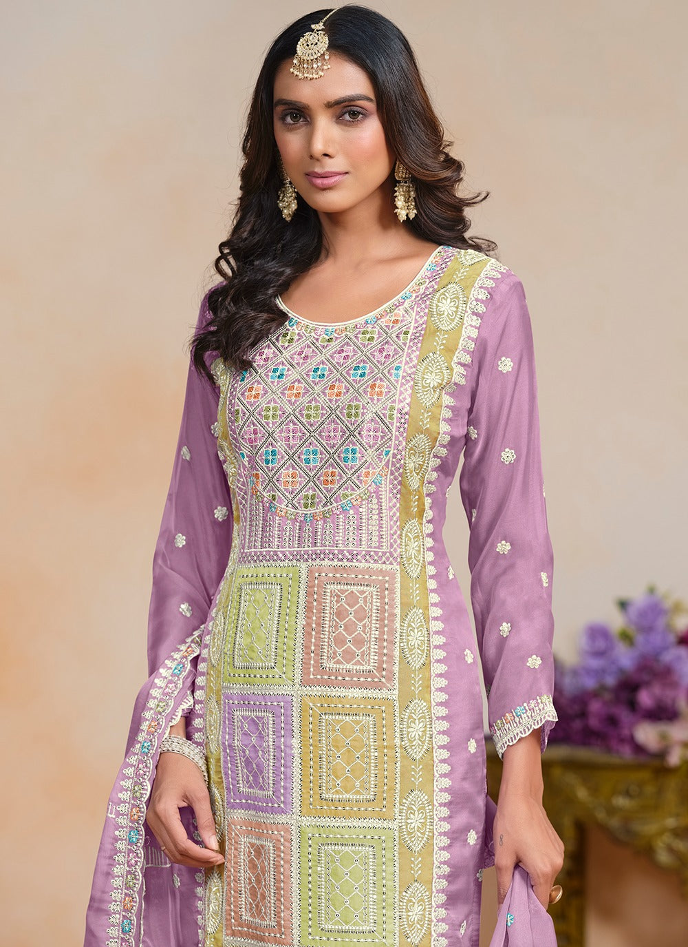 Lavender color organza salwar suit for women images