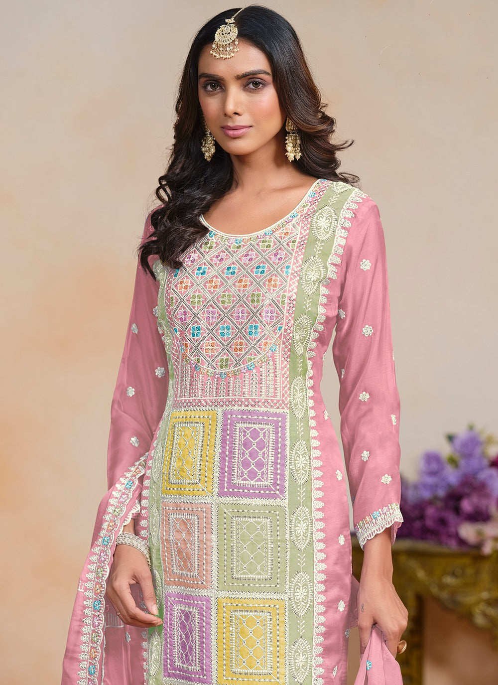 Pink color sequins work salwar kameez