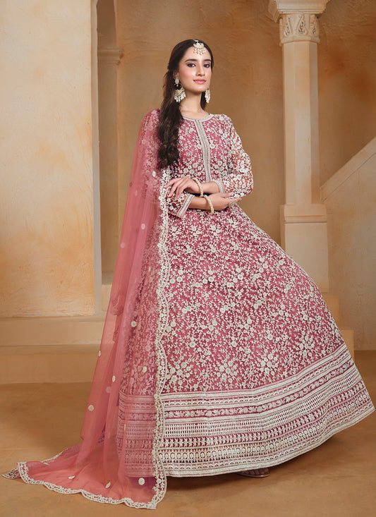 Pink color net long gown for women