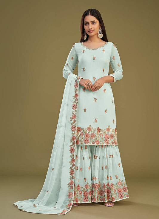 Firozi color georgette sharara suit for women with dupatta