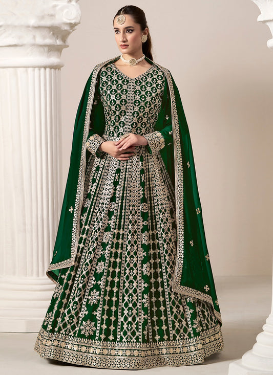 Long sleeve green georgette gown for women