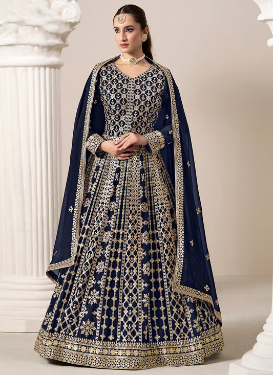 Gown long sleeve navy blue georgette gown for women