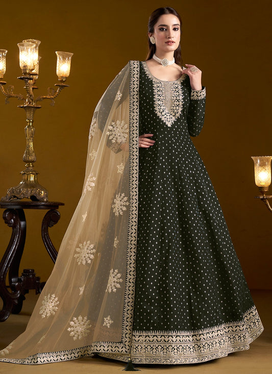 Long dark green chanderi gown for women