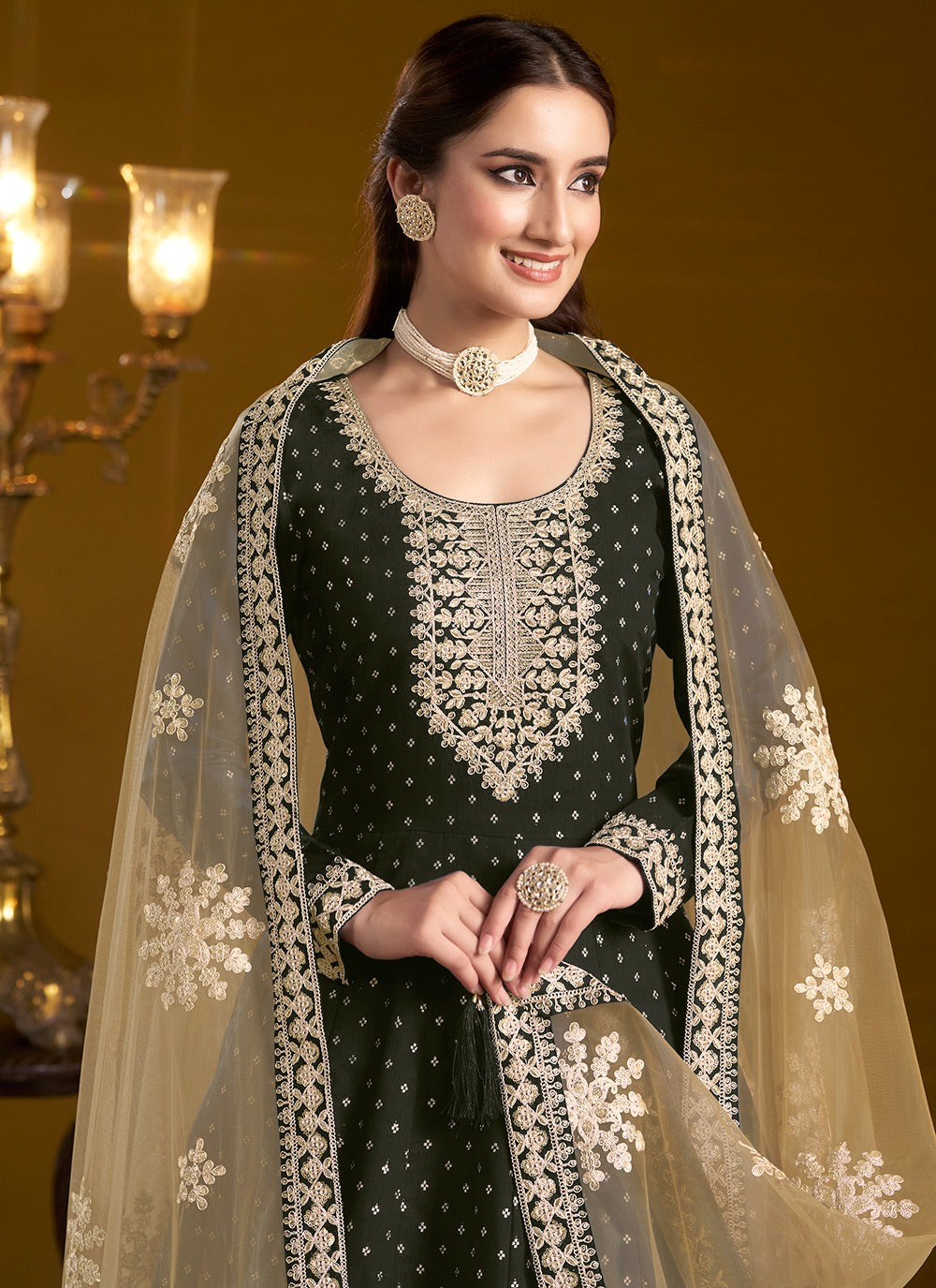 Dark Green Chanderi Gown Design
