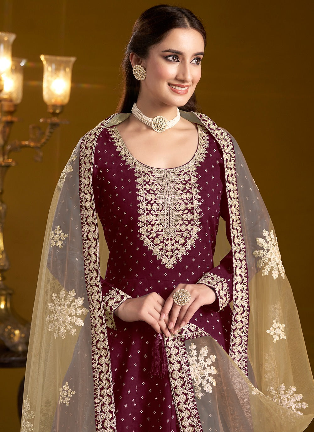 Wine chanderi gown for women online