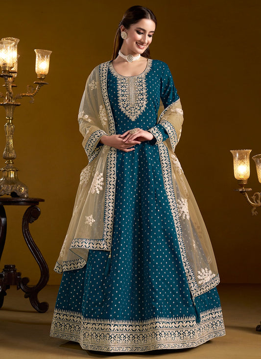 Long teal blue chanderi gown for women