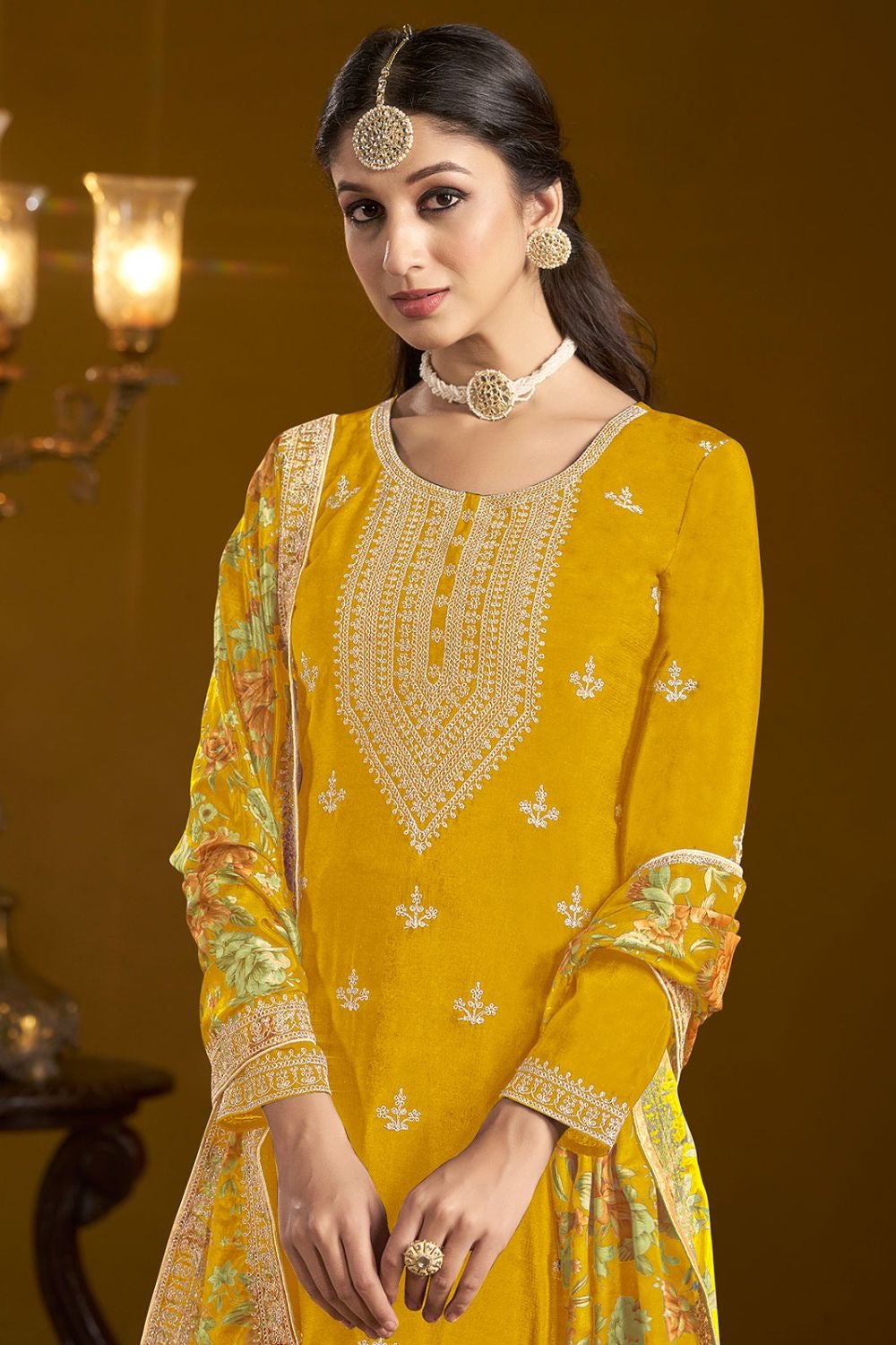 Yellow color chinon sharara suit images