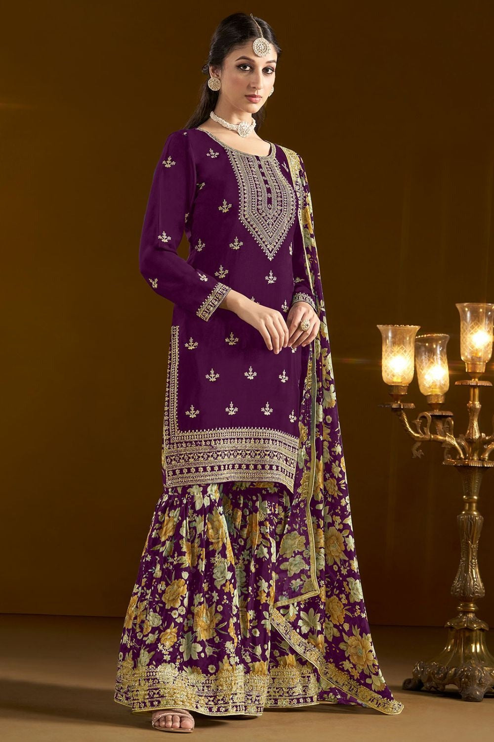 Wine Color chinon sharara suit images