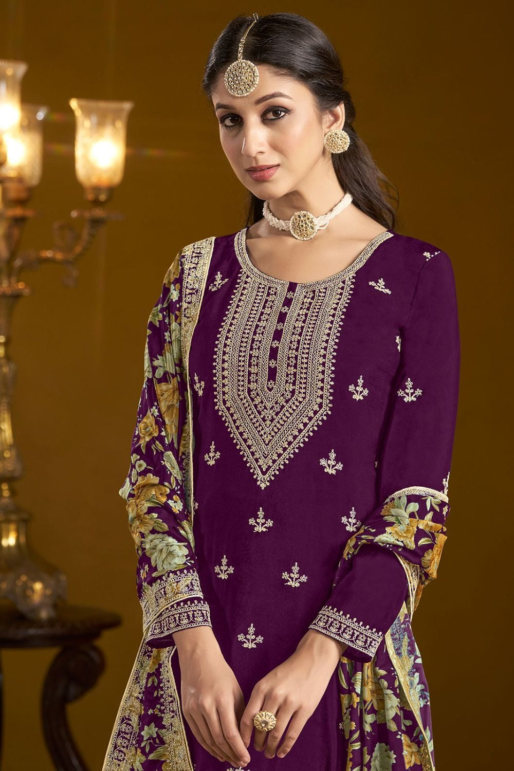 Wine Color chinon sharara suit with dupatta