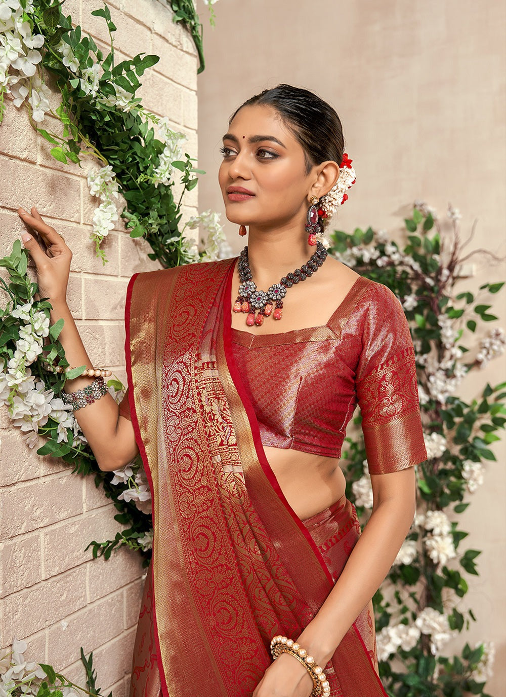 Maroon color silk zari weaving saree for women price