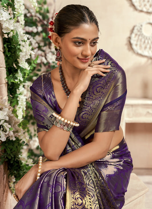 Purple color silk zari weaving saree for women price