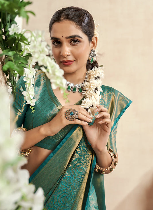 Rama green Silk zari weaving Saree images