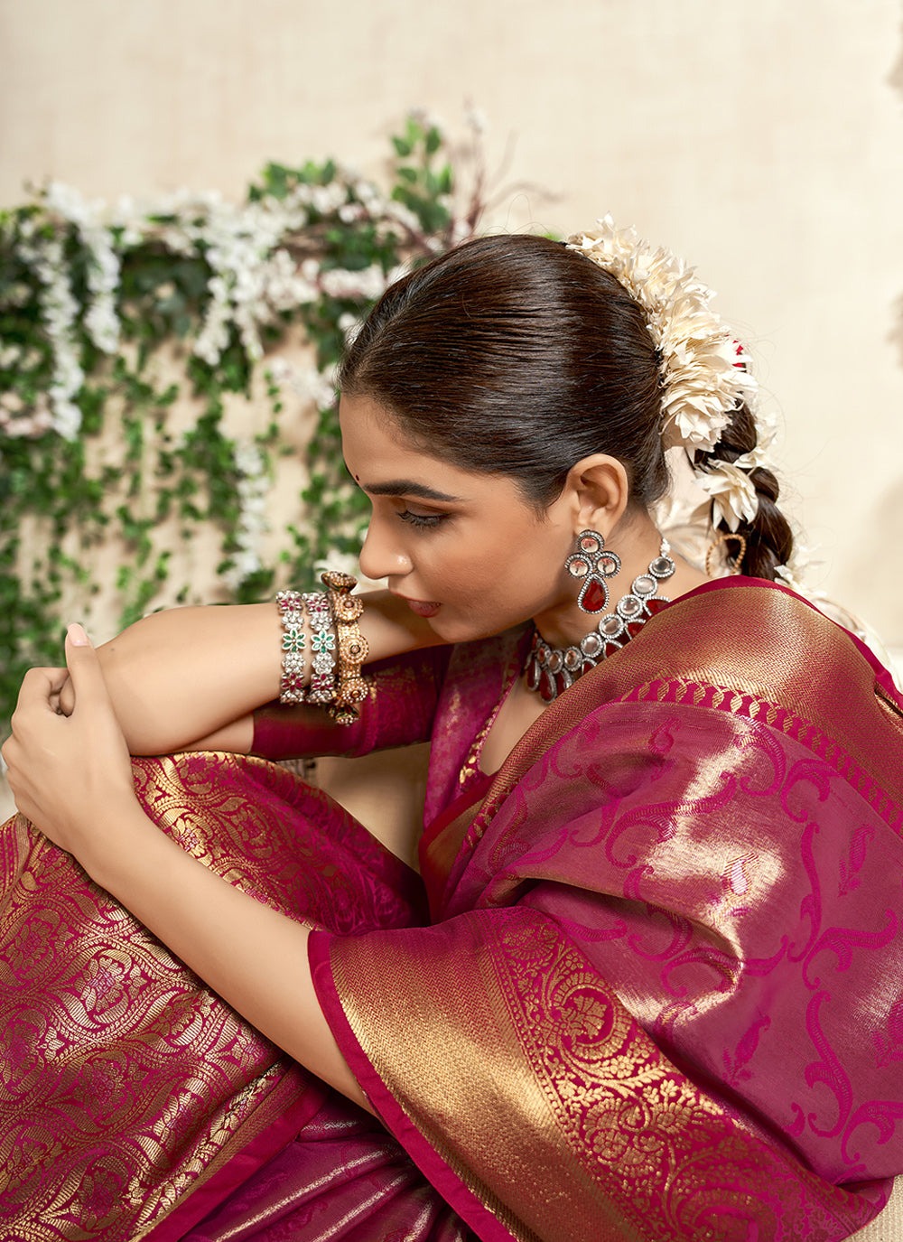 Pure pink color silk weaving saree for women