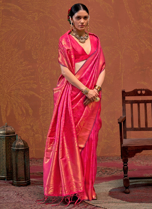 Pink satin silk saree for women price