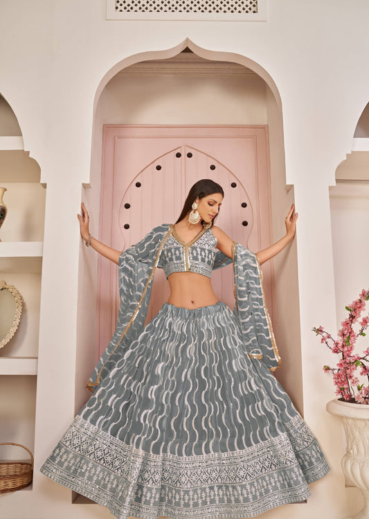Grey Net Embroidered Sequins Work Wedding Lehenga Choli