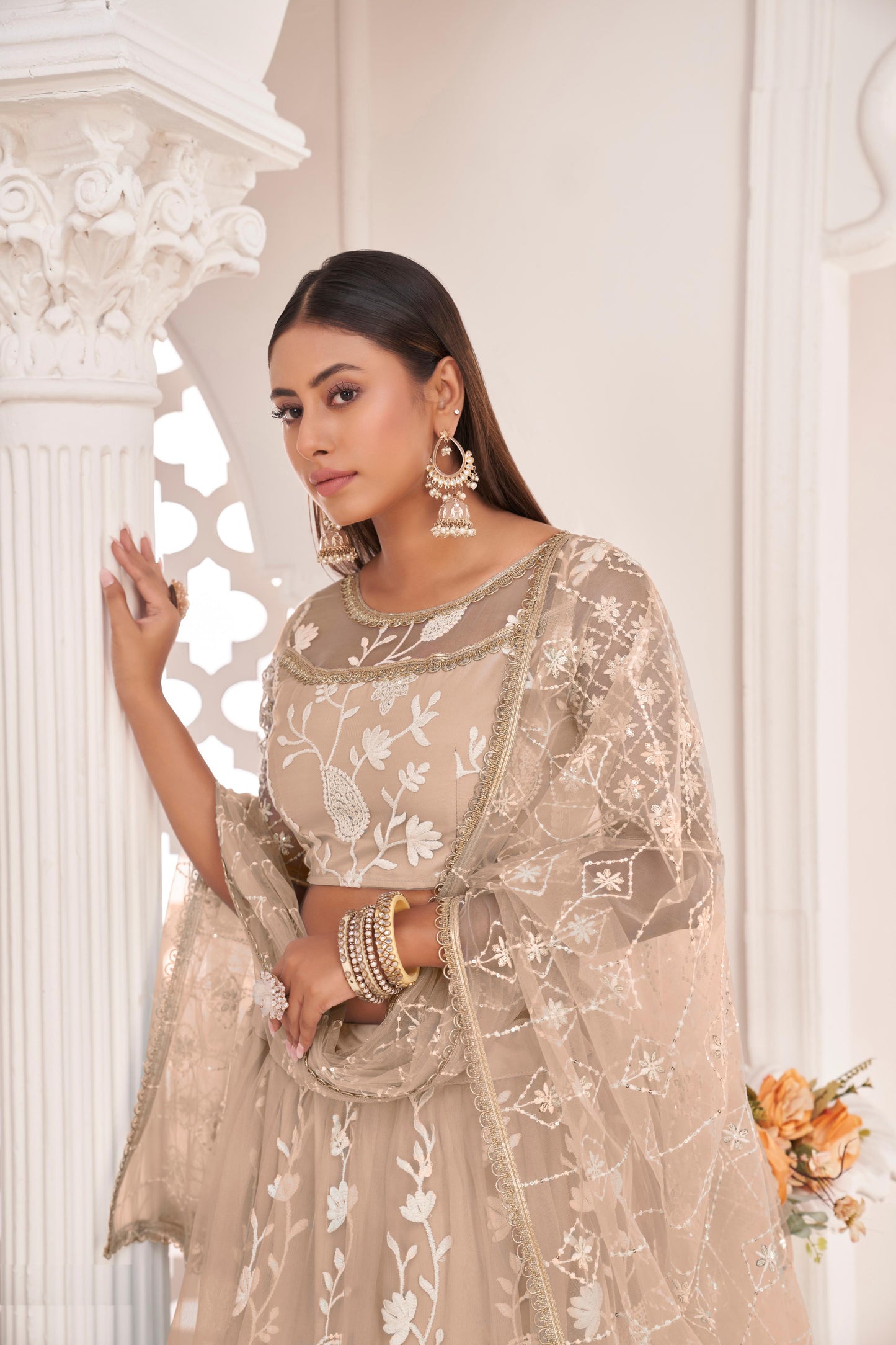 Jewellery for beige colour lehenga
