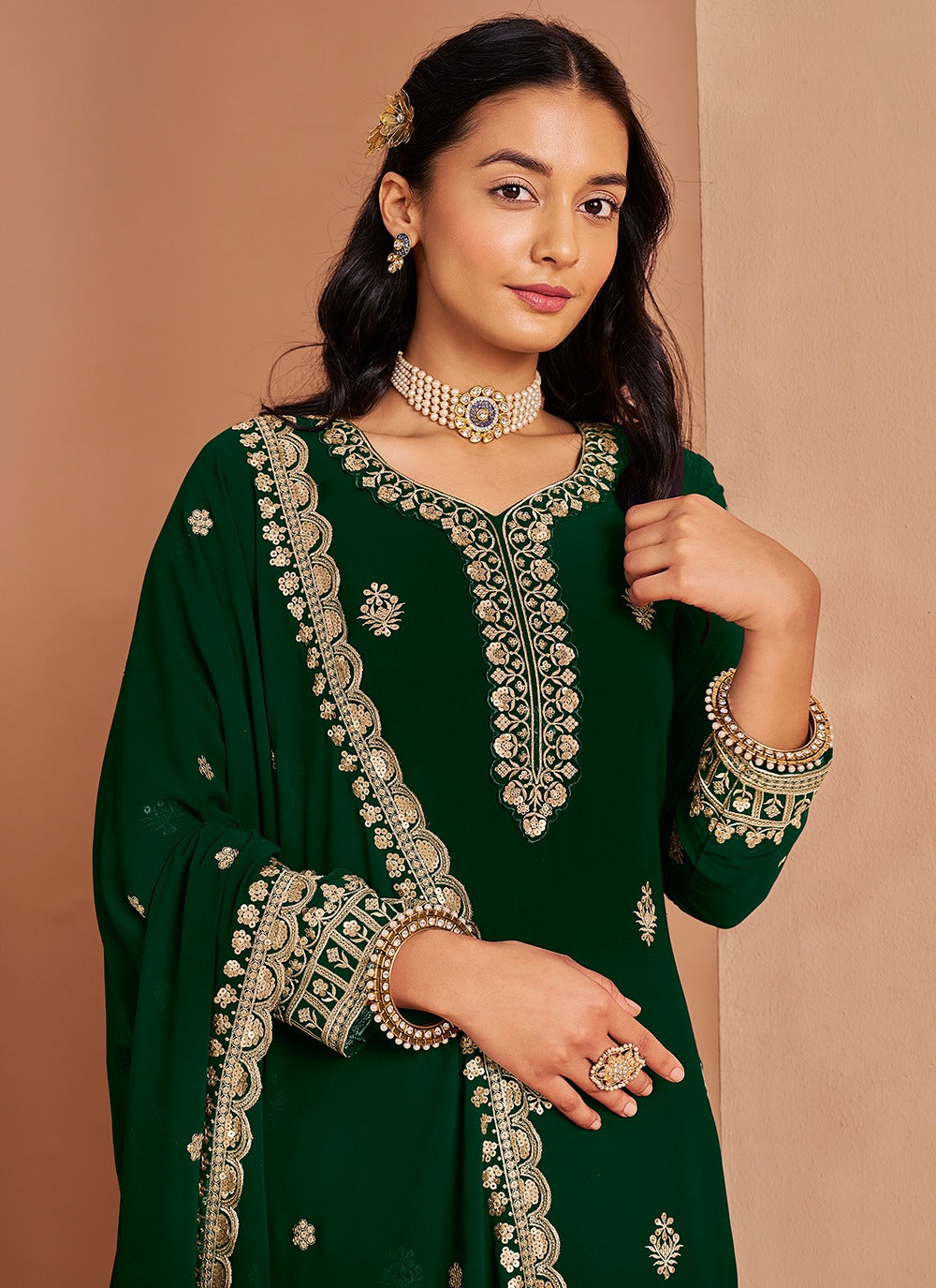 Dark green color georgette sharara suit for wedding