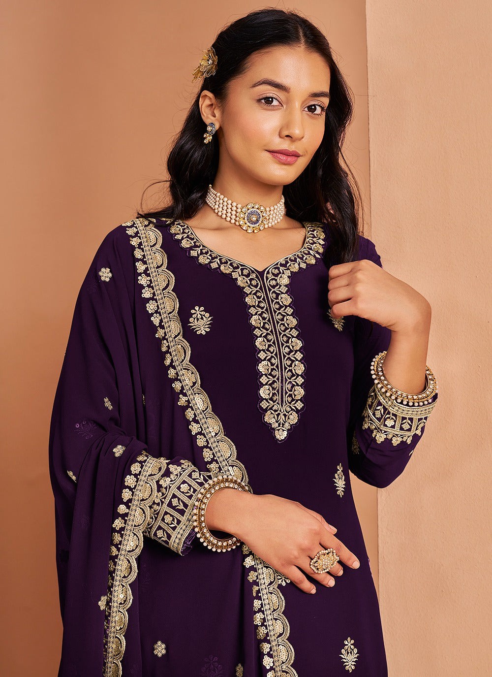 Purple color georgette sharara suit with dupatta
