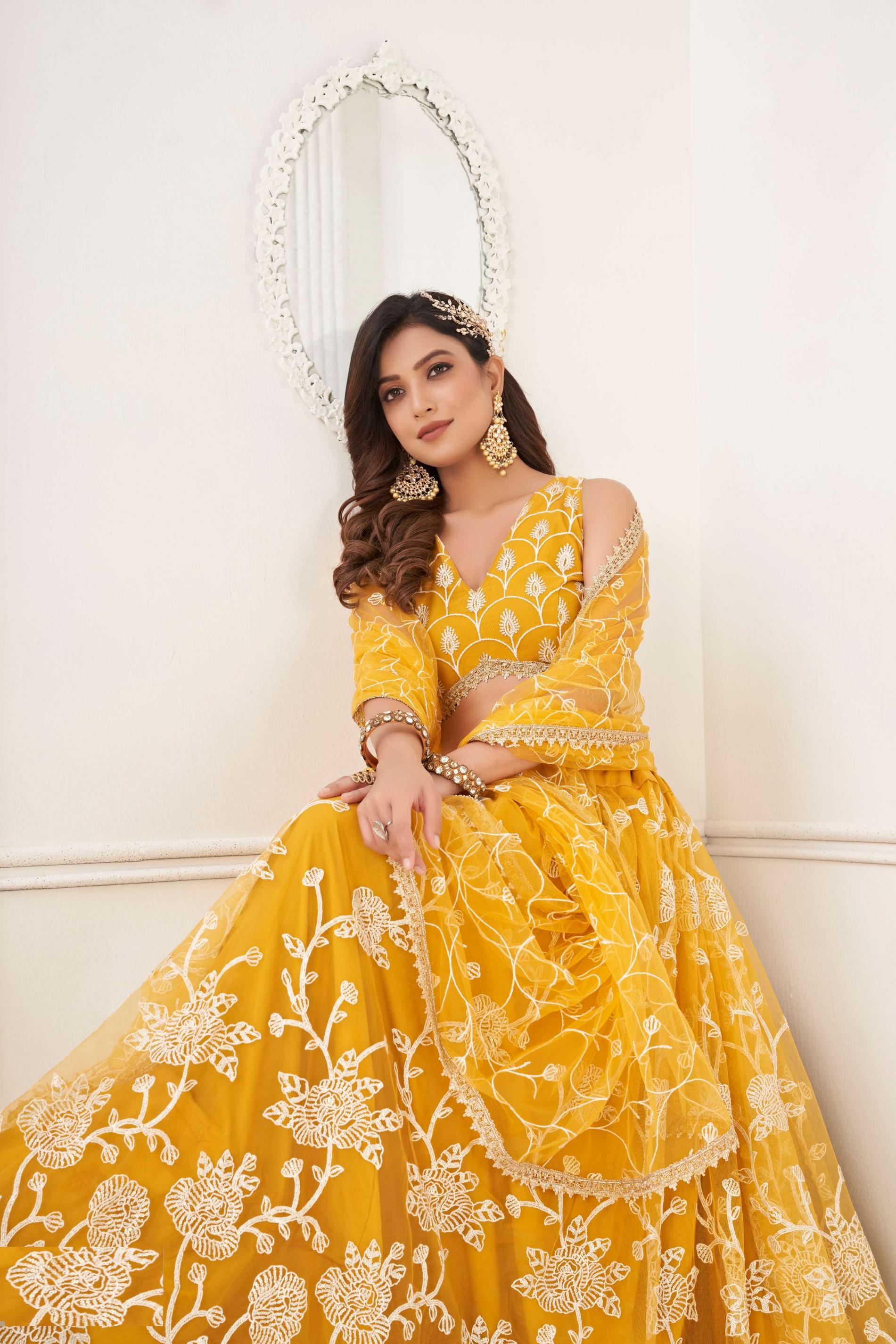 Simple yellow lehenga choli for women with price