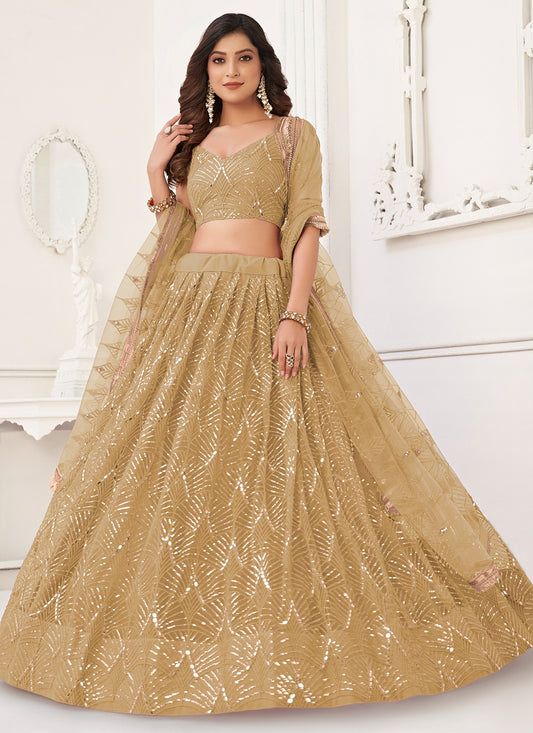 Beige color butterfly net lehenga choli for women online shopping