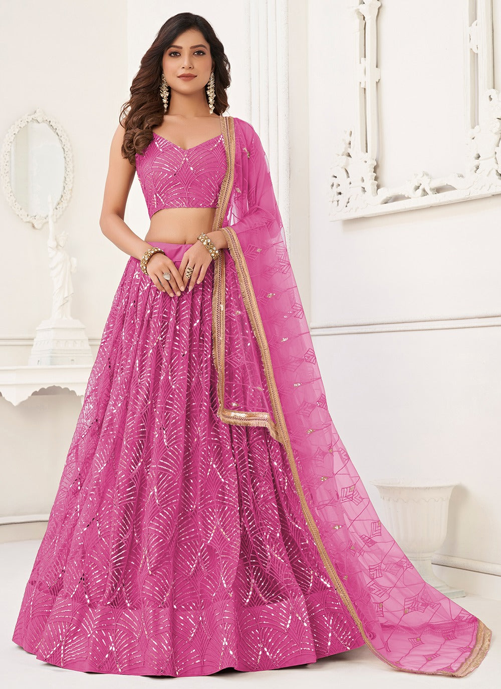 Pink color butterfly net lehenga choli