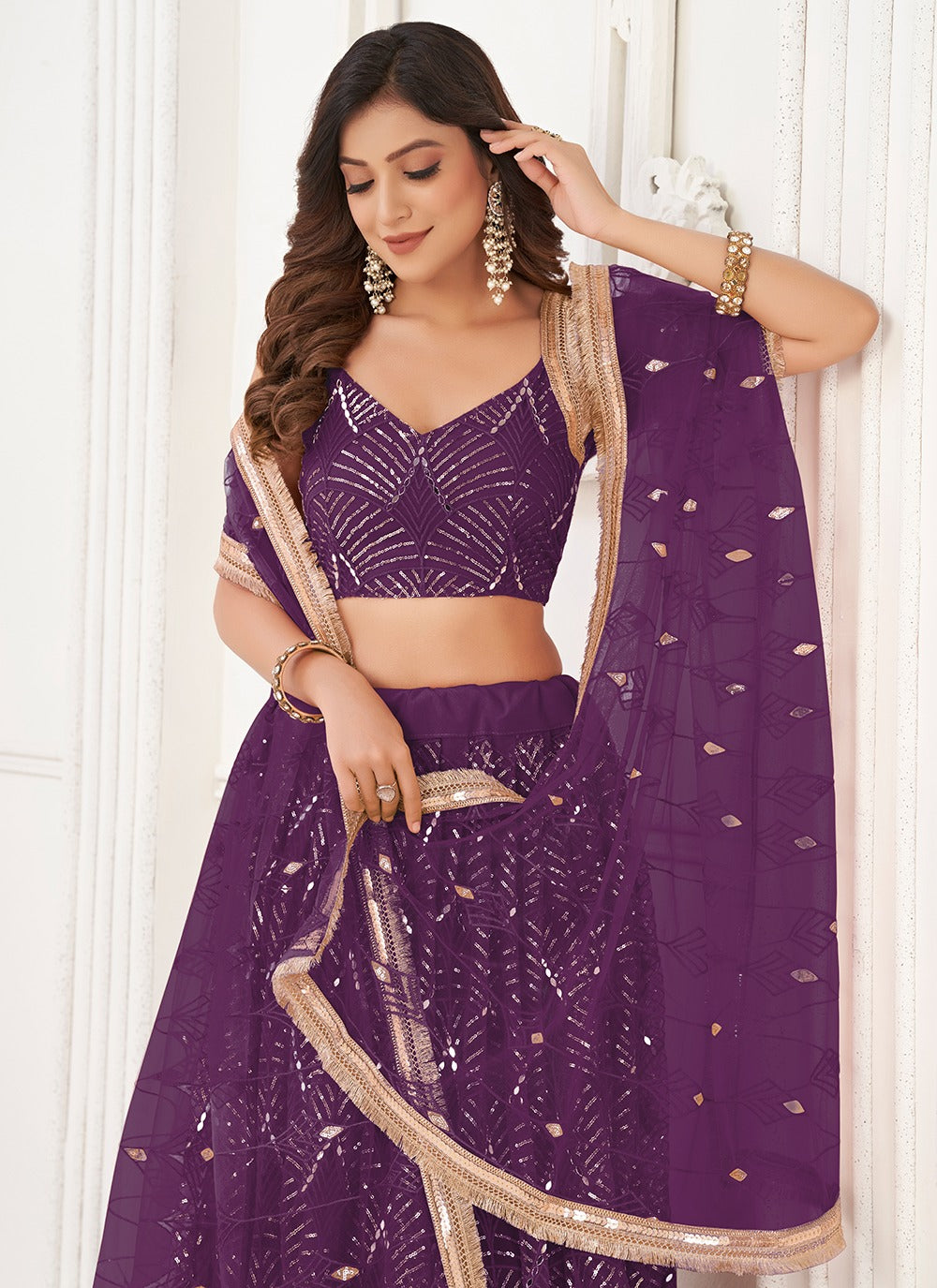 Wine color butterfly net lehenga choli for party