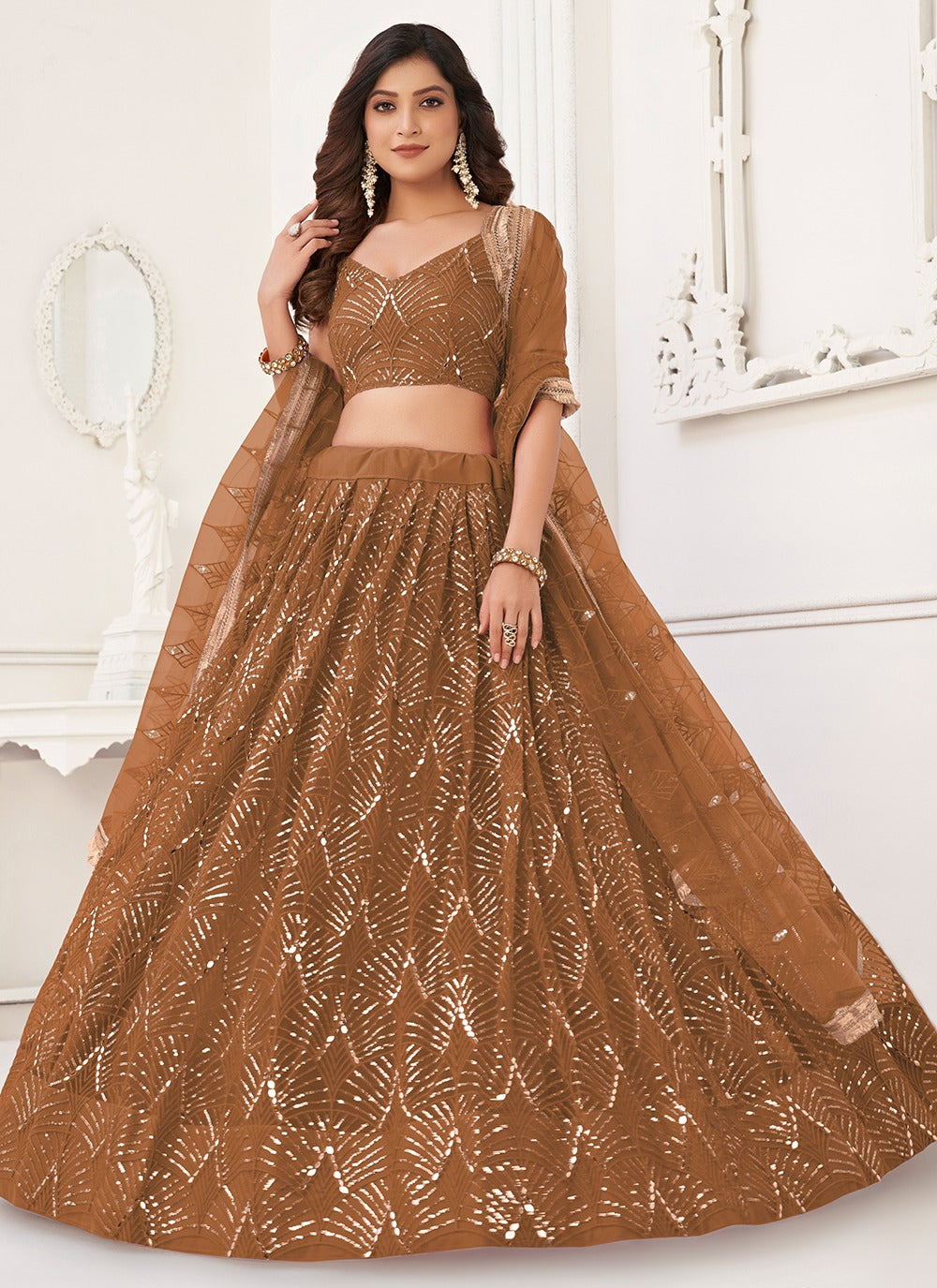 Brown net lehenga choli for women with price