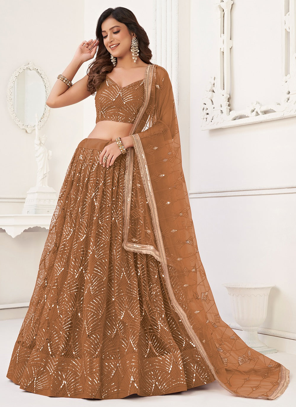 Dark brown net lehenga choli for women