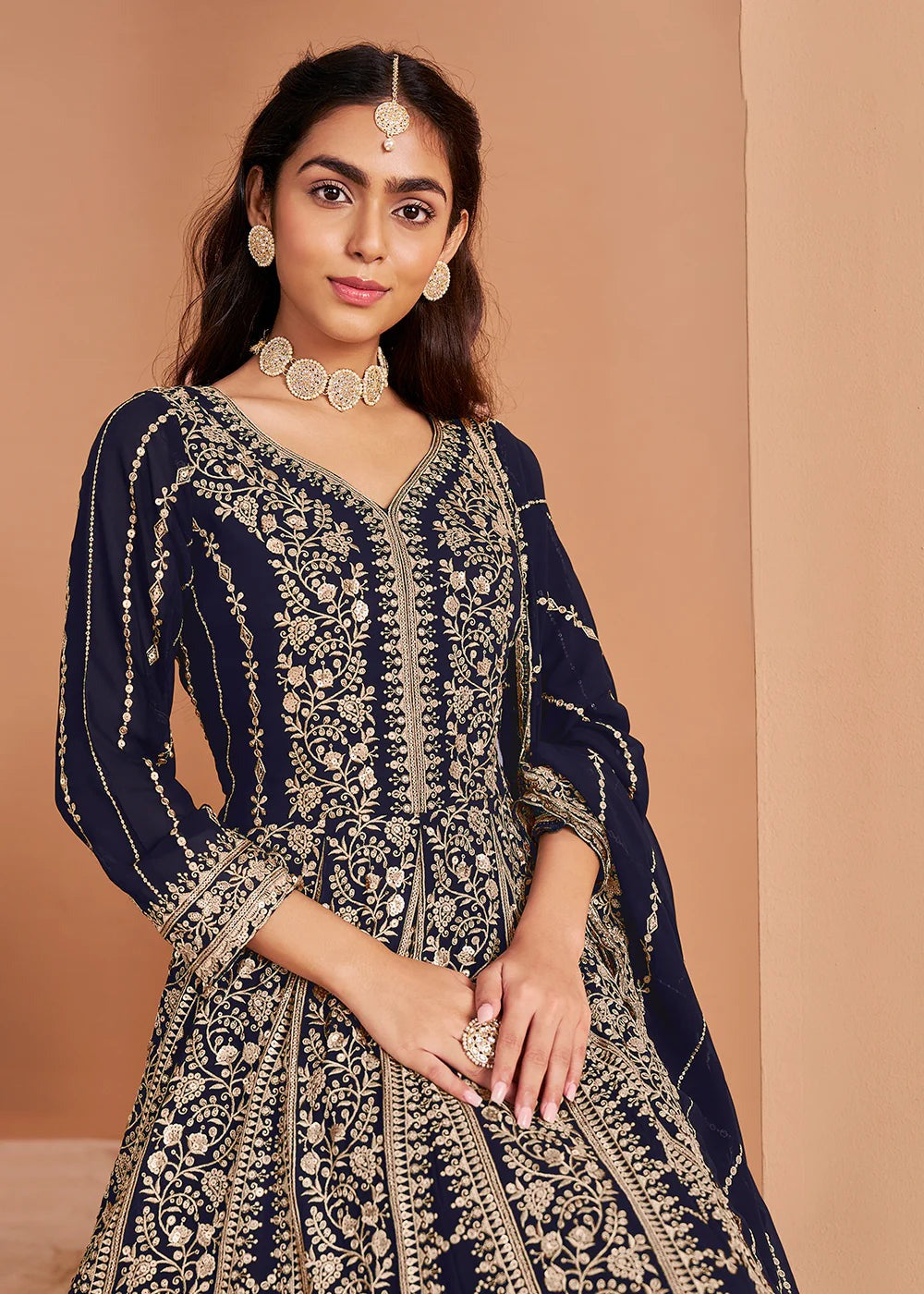 Navy blue color georgette gown with dupatta