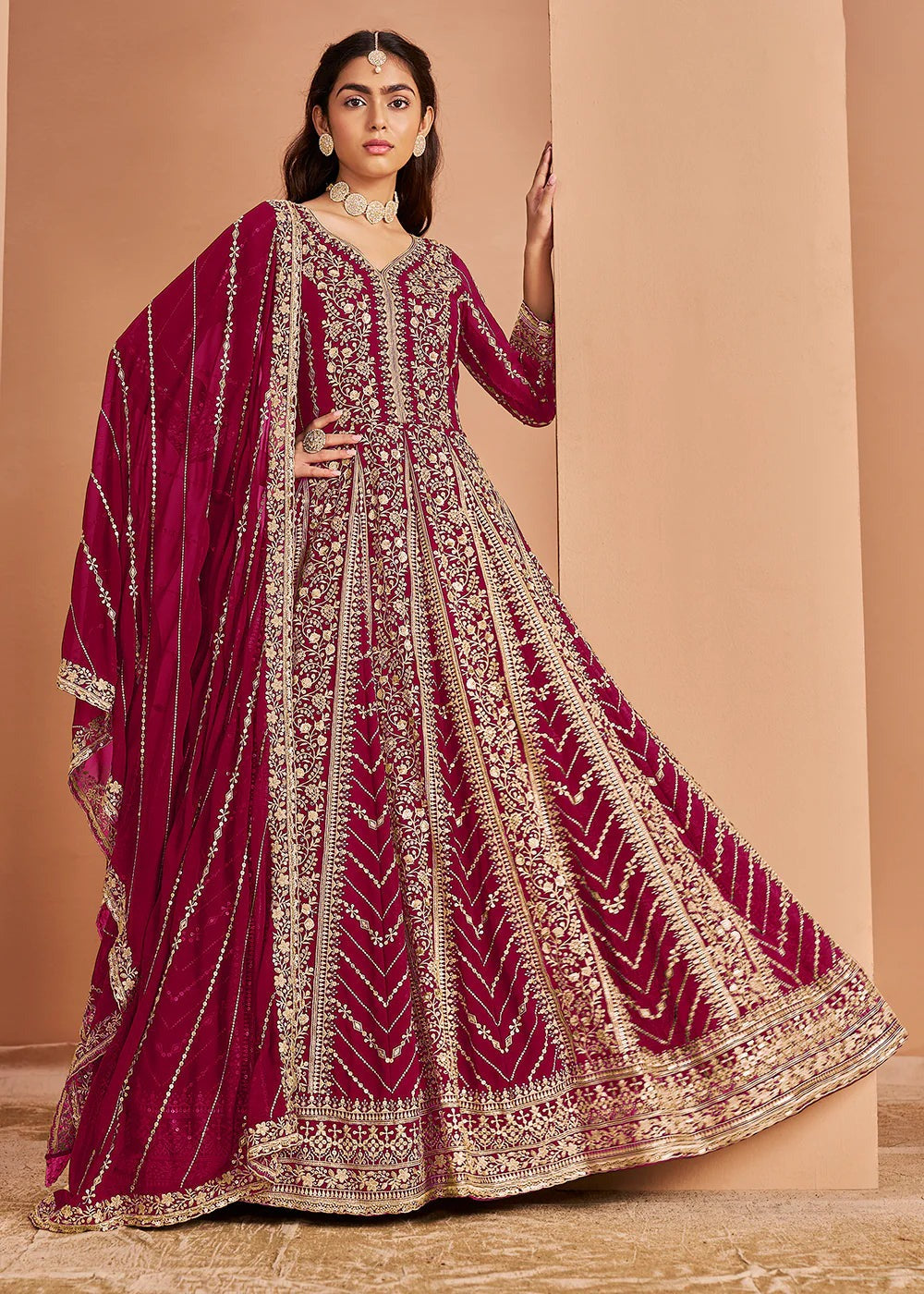 rani pink dress for women Rani Pink Crepe Silk Long Dress And Dupatta Set S / Crepe Silk / Made To Order